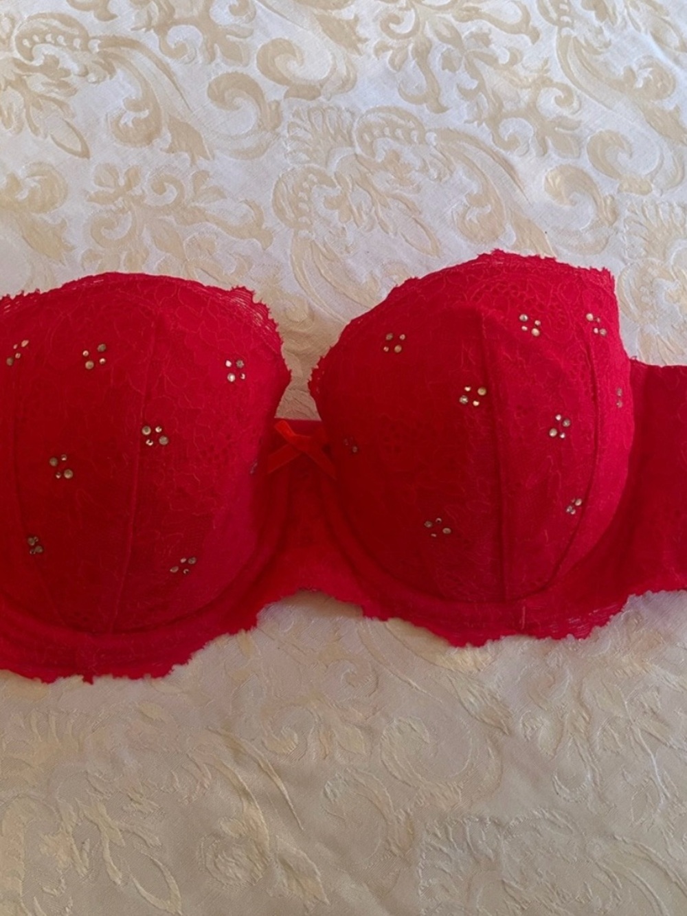 Victoria's Secret Red Lace Strapless Bra with Crystal Accents